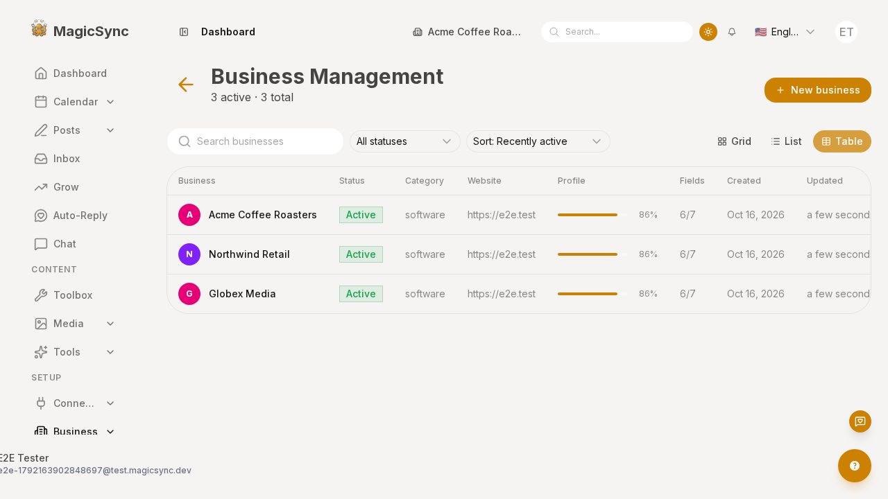 Business directory — table view