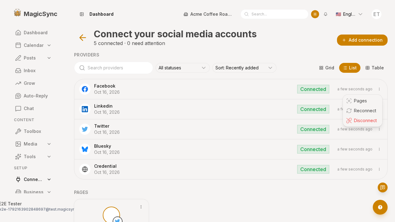 List row actions show Pages / Reconnect / Disconnect